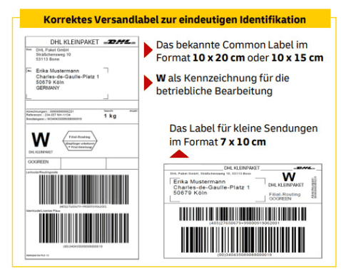 Versandlabel DHL Kleinpaket normal und klein