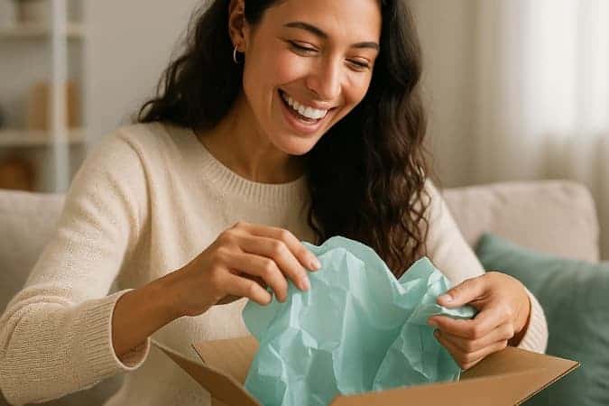 Women unboxing her parcel wih a big smile on her face