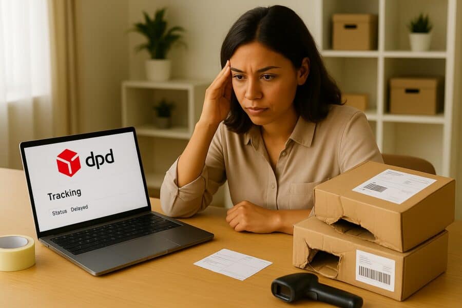 A female business owner works at her desk, laptop open with a DPD shipment tracking page visible. A couple of damaged and opened parcels sit nearby, along with packing tape and shipping labels.