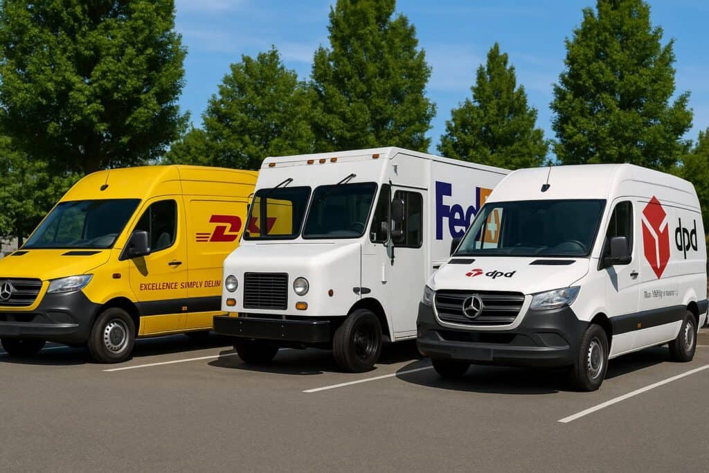 Alt: DHL, Fedex en dpd bestelbus op een parkeerterrein