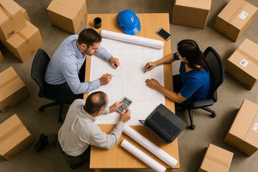 E-commerce shipping team sitting around a table planning the e-commerce shipping strategy for next year with parcels laying around