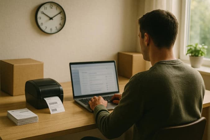 A man sitting at a wooden desk in a softly lit workspace, working on a laptop beside a shipping label printer, printed labels, and cardboard boxes—capturing a calm, organized shipping workflow because of shipping automation.