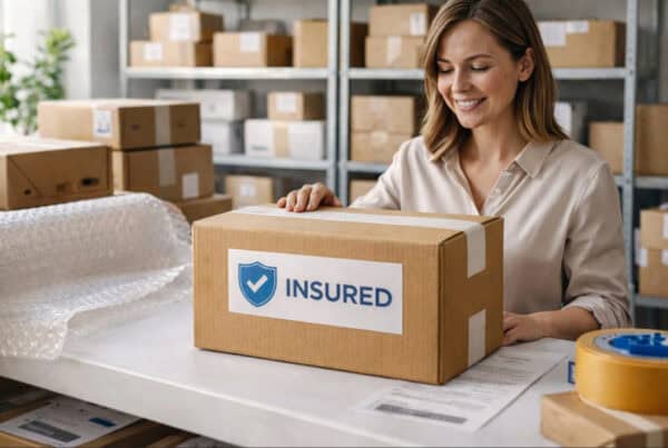 woman packing a parcel on a desk