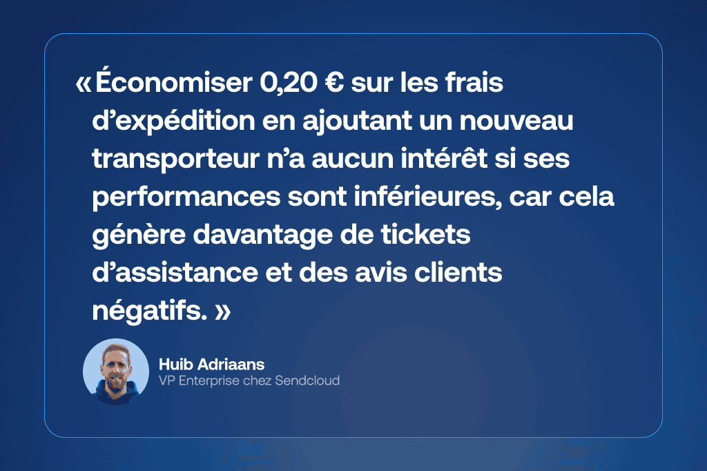 Citation de Huib Adriaans illustrant le compromis entre frais d’expédition et performances : économiser 0,20 € par colis peut coûter cher si le transporteur est moins fiable, entraînant retards, demandes d’assistance accrues et avis négatifs.