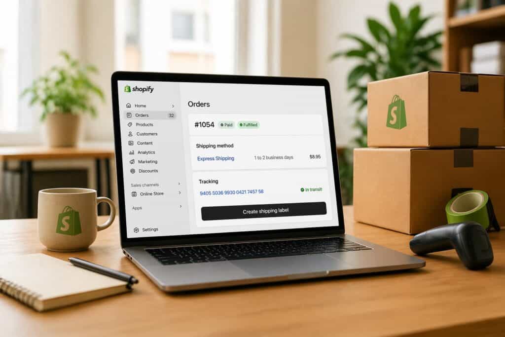 Laptop displaying Shopify orders dashboard on a desk with shipping boxes, tape, and packaging supplies in a small business workspace