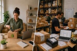 Split image showing a small business packing orders at home versus a busy warehouse handling high-volume shipping operations