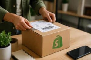 Manos colocando una etiqueta de envío en una caja de cartón de Shopify.