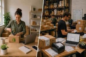 Dos imágenes de dos emprendedores trabajando con paquetes y etiquetas de envío de Shopify.