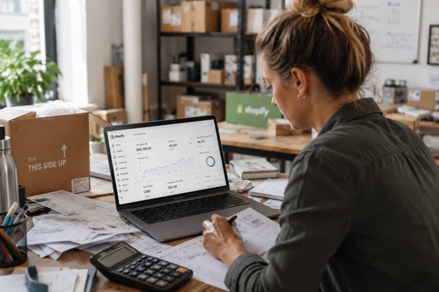 Eine Frau sitzt mit Rechnungen auf dem Tisch vor einem Laptop, auf dem ein Shopify-Interface zu sehen ist
