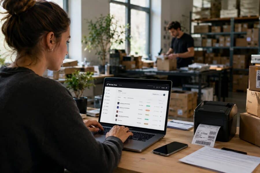 A small business owner reviews online orders on a laptop while working in a busy warehouse, with parcels, shipping labels, and fulfillment staff visible in the background.