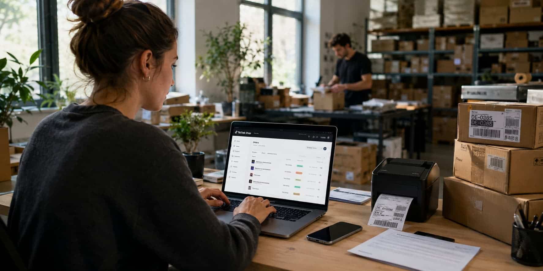 A small business owner reviews online orders on a laptop while working in a busy warehouse, with parcels, shipping labels, and fulfillment staff visible in the background.